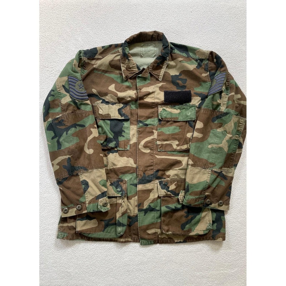 Military Mens Medium Long BDU Field Jacket Camo Woodland Ripstop Air Force Rank